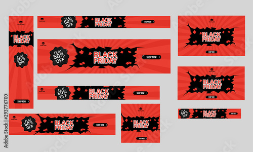 Set of poster, banner and template design flat 50% discount offer for Black friday sale.