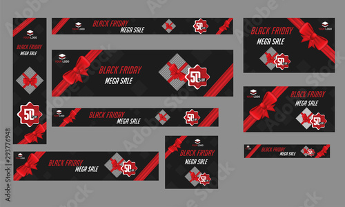 Black Friday Mega Sale poster, banner and template collection with 50% discount offer on abstract background.