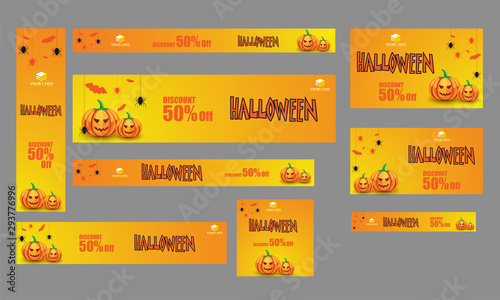 Website header, poster and template set with 50% discount offer for Halloween festival celebration.