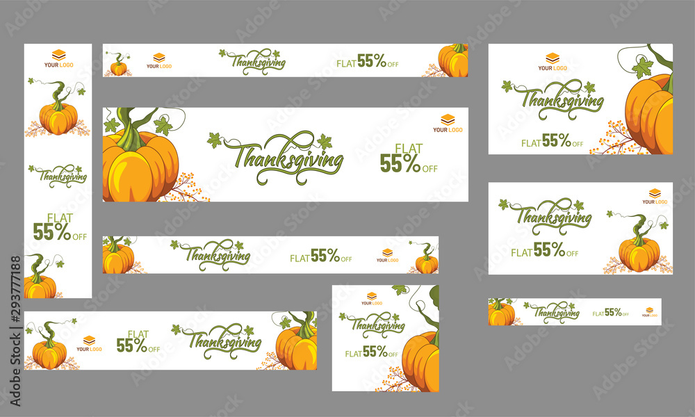 Website header or banner set, Upto 55%  discount offer with illustration of maple leaves and pumpkin on white background for Thanksgiving celebration.