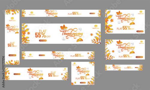 Thanksgiving celebration banner or poster set with 55  discount offer and autumn leaves decorated on white background.