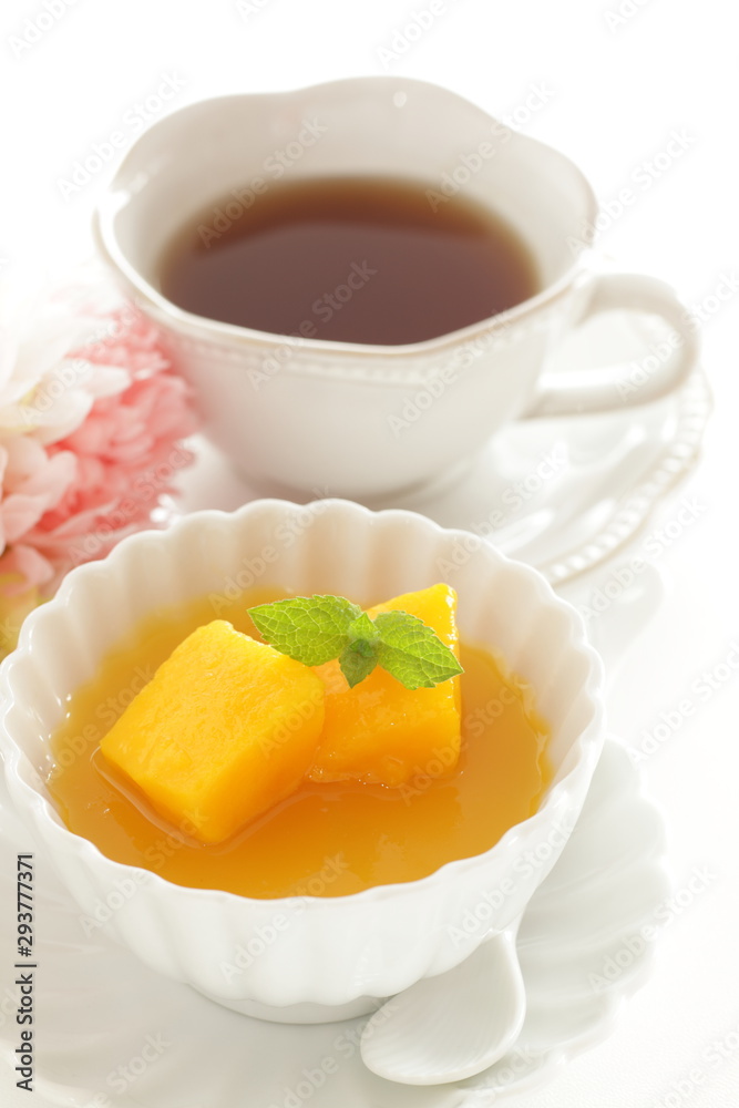 Gourmet dessert, tropical fruit  Mango and jelly