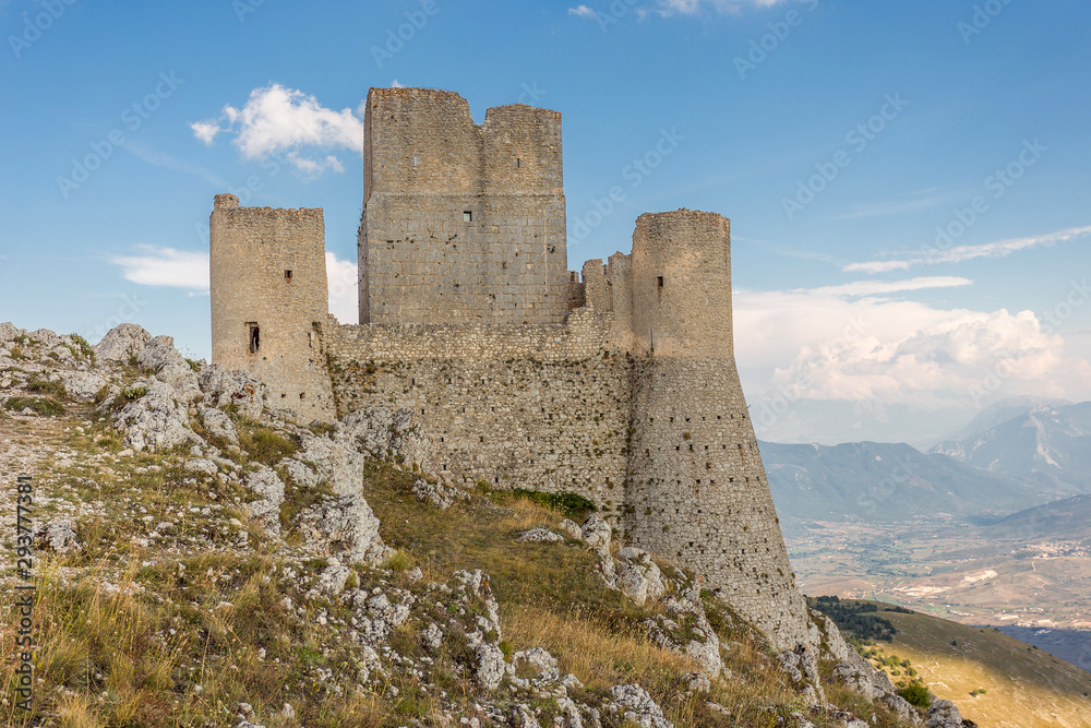 The ruins of an old medieval castle, Rocca Calascio, on the Apennine mountains in the heart of Abruzzo, Italy