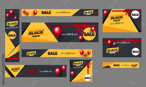 Black Friday sale poster, banner and template set with upto 50% discount offer.
