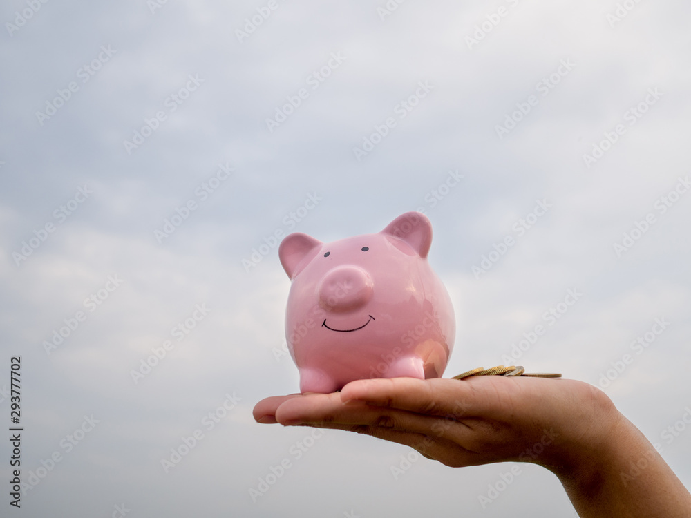 hand holding pink piggy bank on the blue sky with cloud background, Saving money for future plan and retirement fund concept
