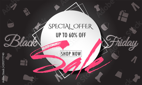 Stylish text Black Friday Sale with 60% discount offer on shopping elements decorated background.
