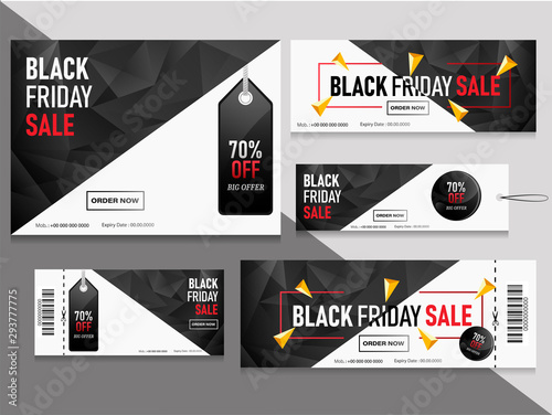 Black Friday sale coupons and vouchers set with 70% discount offer.