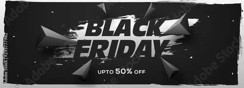 Social media banner design with 50% discount offer and abstract elements on black background for Black Friday Sale.