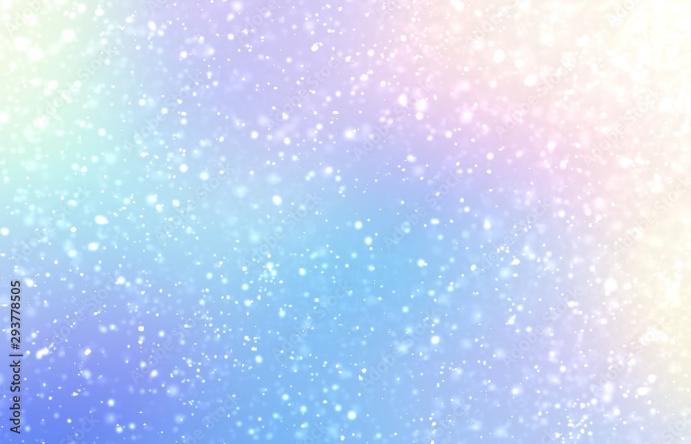 Fantastic holiday winter background. Fluffy snow pattern. Iridescent spectrum light. Blue yellow pink lilac soft gradient. Fairy tale abstract illustration.