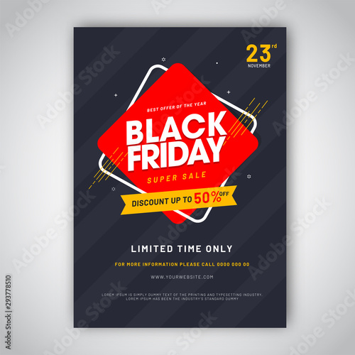 Advertising template or flyer design with 50% discount offer and contact details for Black Friday Sale.