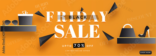 70% Discount offer for Black Friday Sale with shopping elements on orange background. Advertising banner or header design.