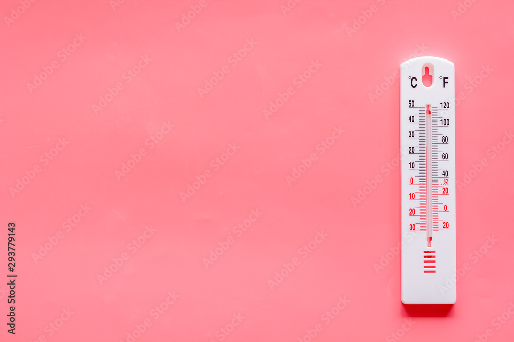 Weather thermometer on pink background top view copy space Weather thermometer on pink background top view copy space