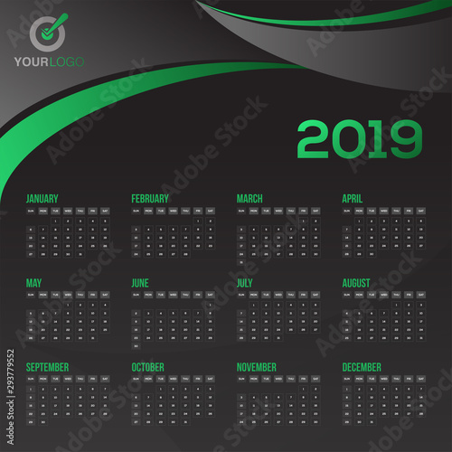 Yearly calendar or organizer design for 2019 in black and green color.