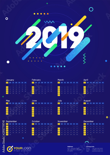 2019 yearly wall calendar design with abstract elements on blue background.