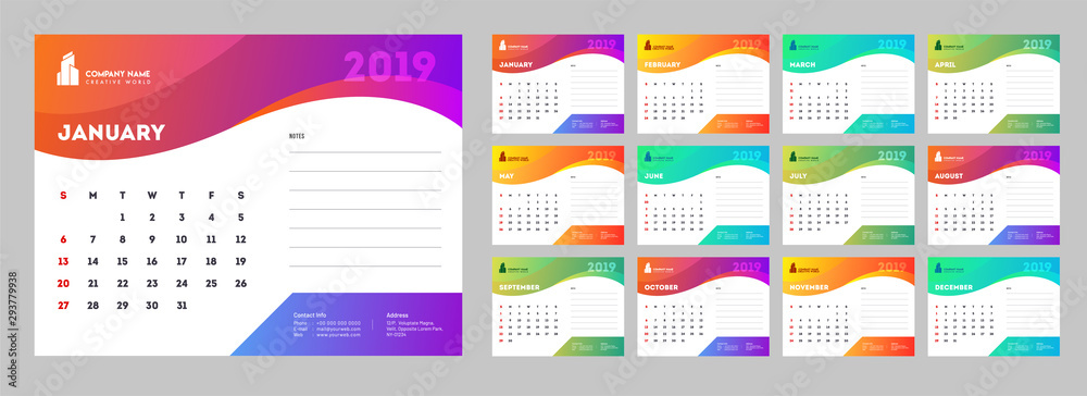 Calendar design for 2019, set of 12 months with abstract background.