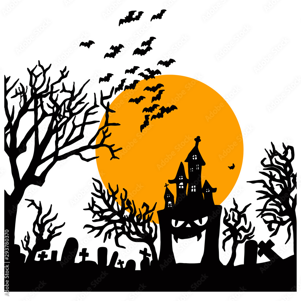 Halloween night with creepy castle on graveyard with big yellow moon vector illustration sketch doodle hand drawn with black lines isolated