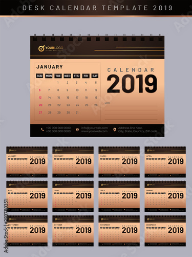 Yearly desk calendar or planner design for 2019 with company contact details and space for your important notes.