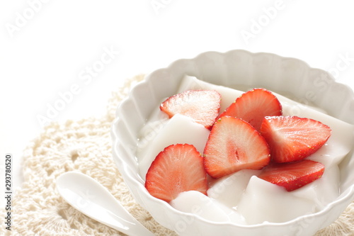 Chinese food, almond tofu and strawberry photo