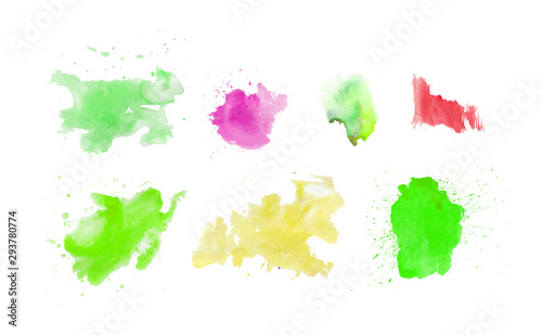 Set watercolor blots.Watercolor splashes and dots texture. Artistic hand drawn background.Green,pink,yellow and red.