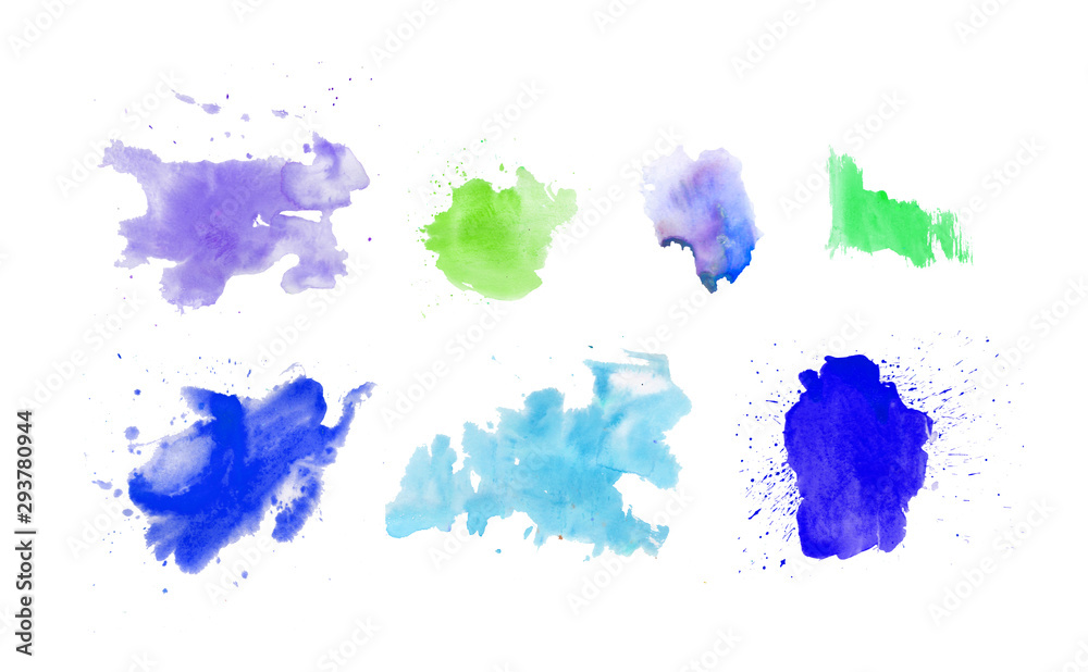 Set watercolor blots.Watercolor splashes and dots texture. Artistic hand drawn background.Blue,pink and red.