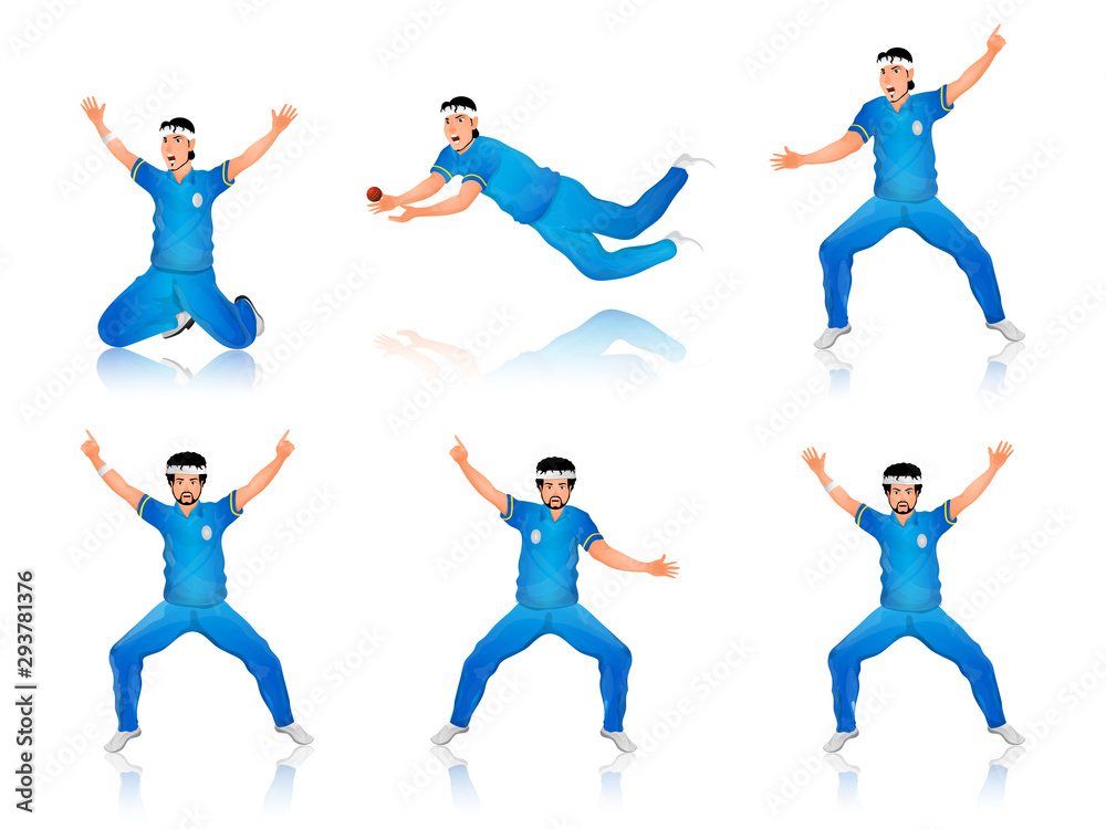 Cricket players character in different playing pose.