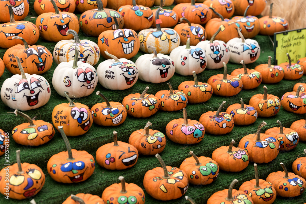 Many little funny painted pumpkins. Halloween background