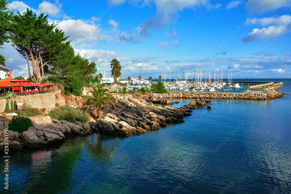 Beautiful panorama of Cascais seafront and port , coastal resort and fishing town in Portugal