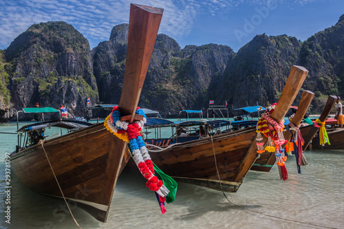 Traditional Long Thai boats. Beautiful seascape. Islands in the tropical sea