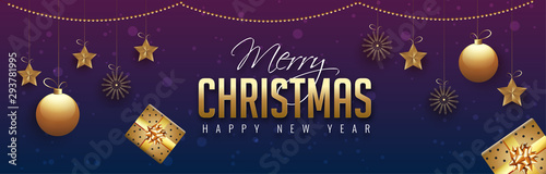 Merry Christmas and Happy New Year website header or banner design decorated with hanigng baubles, stars and gift boxes.