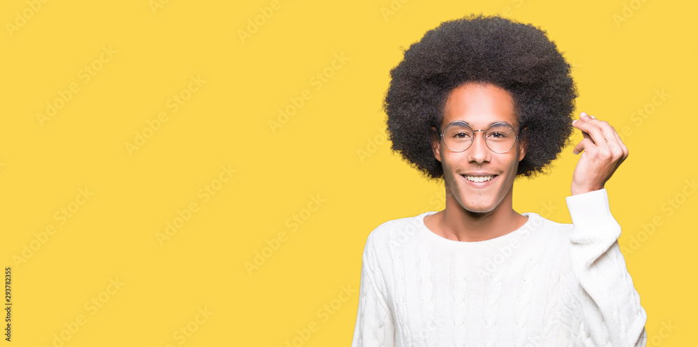 Young african american man with afro hair wearing glasses Doing Italian gesture with hand and fingers confident expression Young african american man with afro hair wearing glasses Doing Italian gesture with hand and fingers confident expression