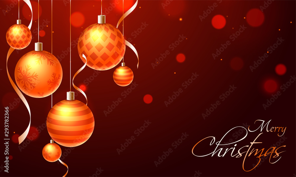 Brown bokeh background decorated with shiny hanging baubles and ribbons for Merry christmas festival celebration concept. Brown bokeh background decorated with shiny hanging baubles and ribbons for Merry christmas festival celebration concept.