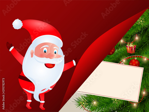 Cute santa clause with decorative festival elements on glossy red background for Merry Christmas celebration.