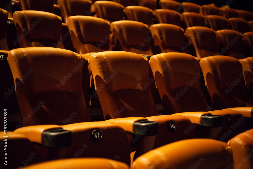 Fototapeta premium brown special leather seat in movie theater. pattern of many armchairs in dark room .