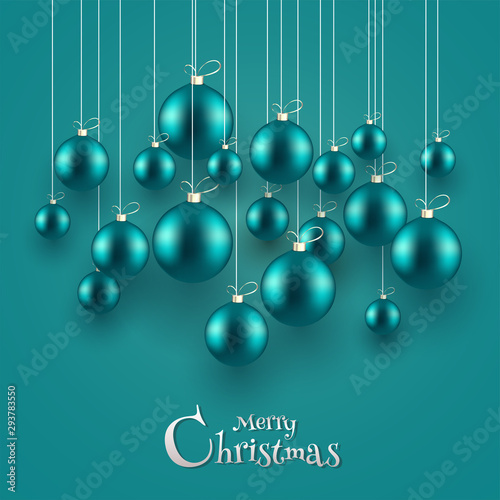Realistic baubles hang on glossy color background for Merry Christmas celebration greeting card design.