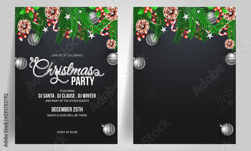 Set of two Christmas Party template or flyer design decorated with pine leaves, holly berries and baubles.