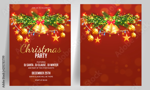 Christmas party template or flyer design in two options decorated with festival elements.