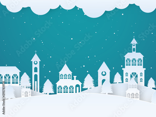 Paper cut landscape, Christmas winter background.