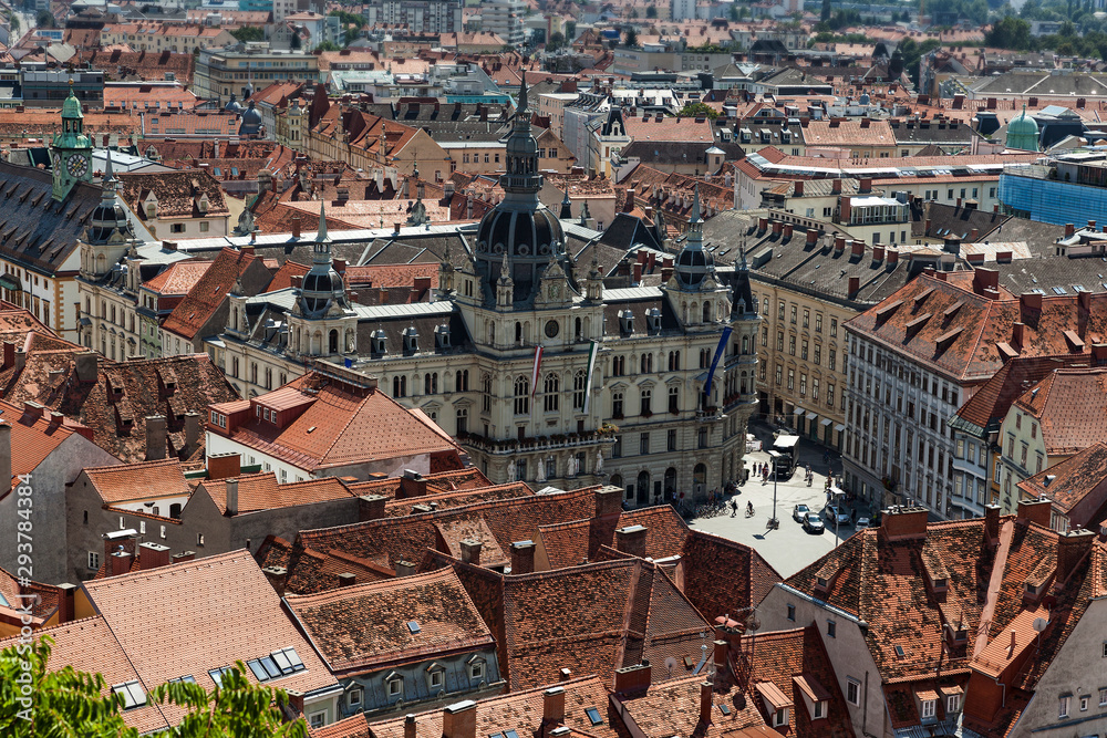 View from Schlossberg to the town hall and main square in Graz on a summer day