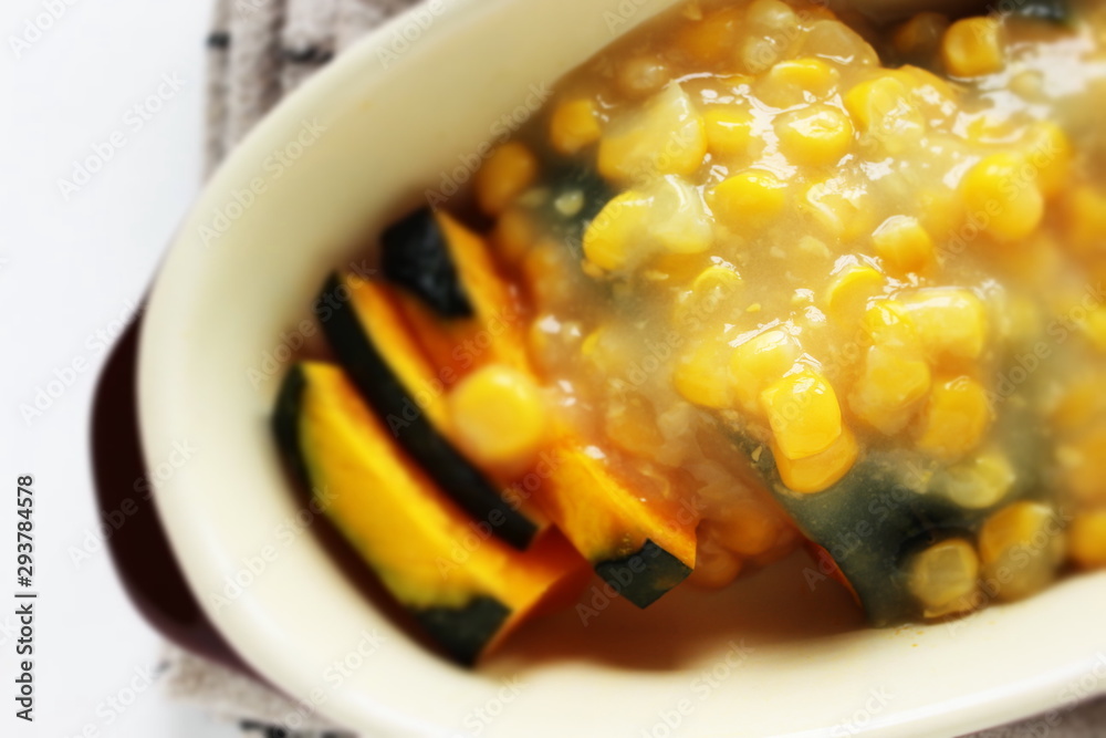 chopped pumpkin and sweet corn for gratin cooking image chopped pumpkin and sweet corn for gratin cooking image