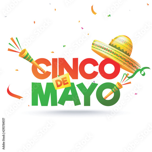Fiesta party flyer or or poster design for Cinco De Mayo celebration with sombrero hat and confetti decoration on white background.
