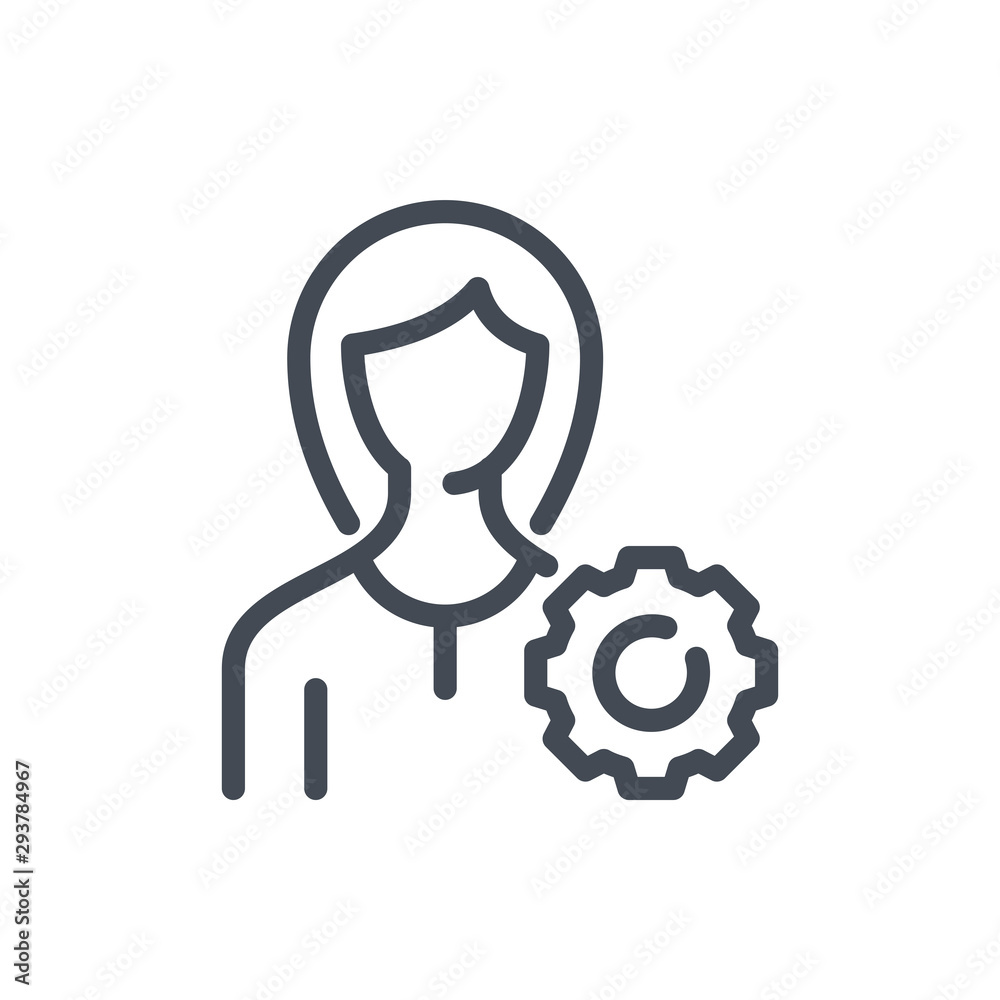 Account settings line icon. Female profile with gear vector outline sign. Account settings line icon. Female profile with gear vector outline sign.