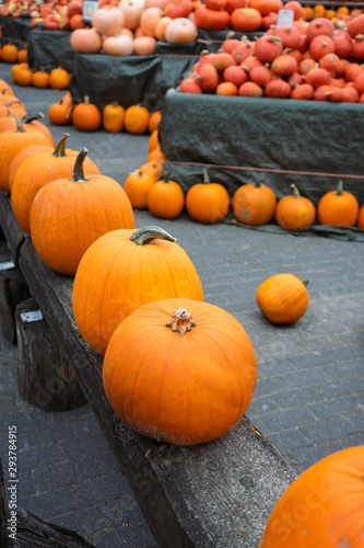 Orange pumpkins on a wooden border in the market close-up