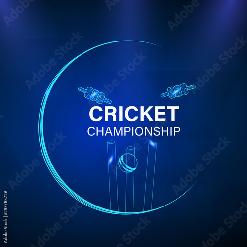 Cricket championship concept cricket ball on stumps on blue background.