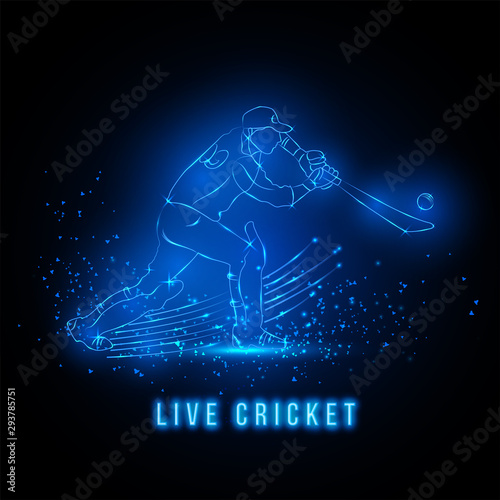 Creative template or poster design with line art illustration of batsman with neon lighting effect.