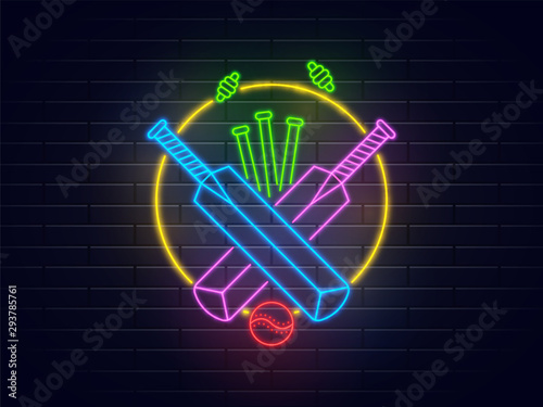 Cricket bat, ball and stumps in neon lighting effect on brick wall background.