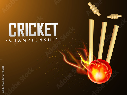 Fiery ball hit the wicket stumps on glossy brown background for cricket championship league.