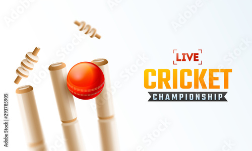 Live Cricket Championship poster design with close view of realistic cricket ball hitting the wicket stumps on white background.