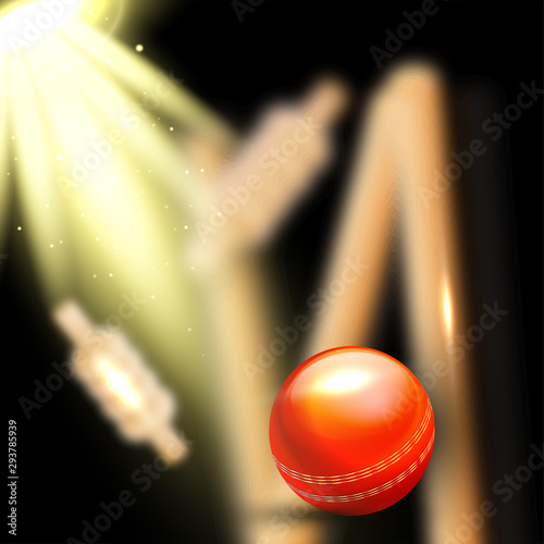 Realistic ball hitting the wicket stumps on blurred lighting background for cricket tournament.