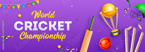 World Cricket Championship header or banner design with cricket attire helmet, golden trophy, bat and ball on purple abstract background.