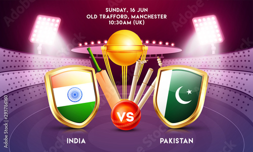 Advertising banner or poster design with cricket tournament participant country India vs Pakistan and cricket equipment illustration on night stadium view background.
